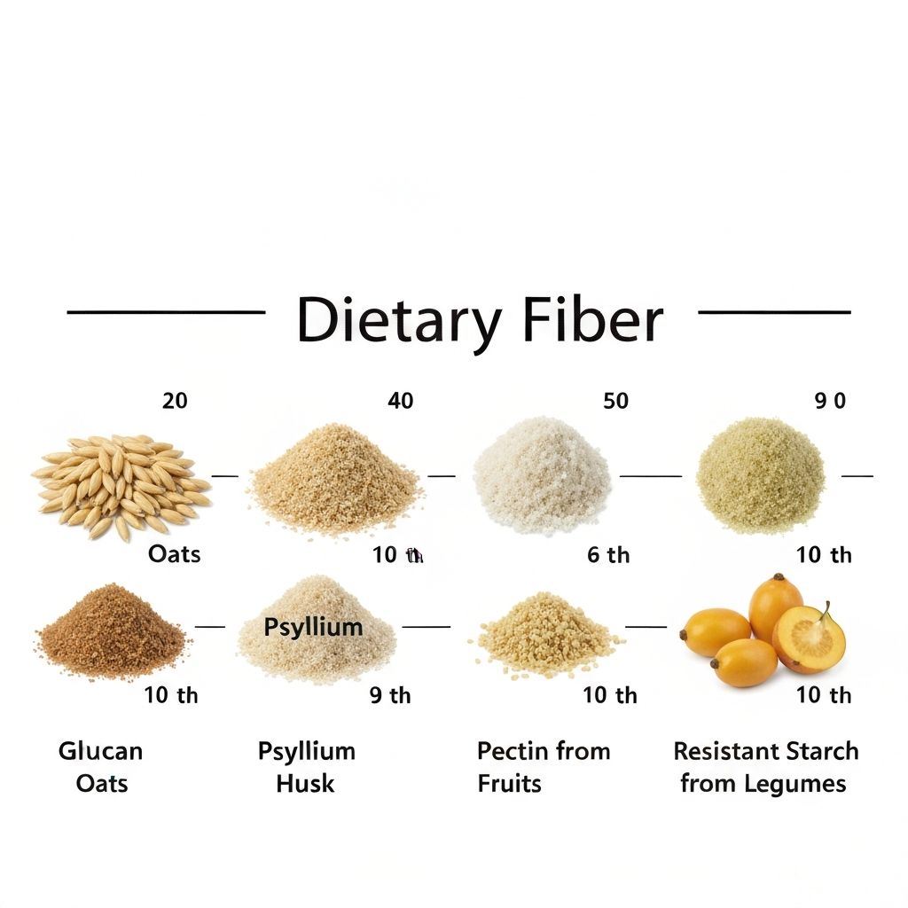Comparative visual of different fibre sources including beta-glucan oats, psyllium husk, pectin fruits, and resistant starch legumes