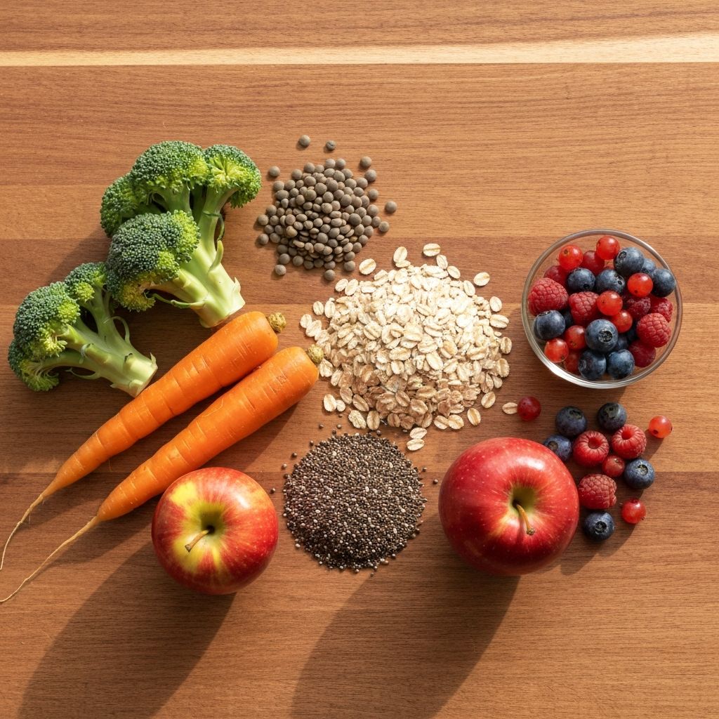 Natural fibre-rich whole foods including broccoli, carrots, lentils, oats, and seeds