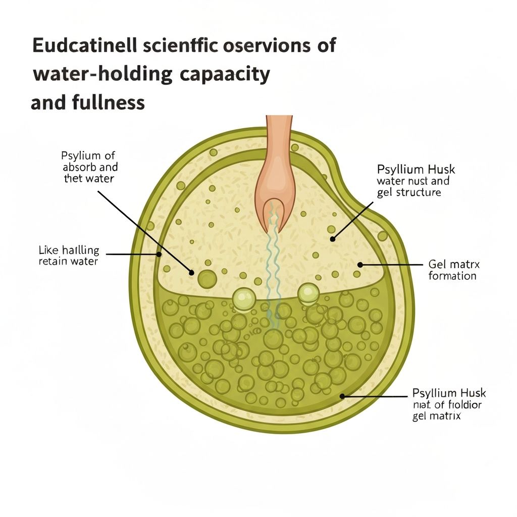 Scientific illustration of psyllium husk water-holding capacity and gel formation